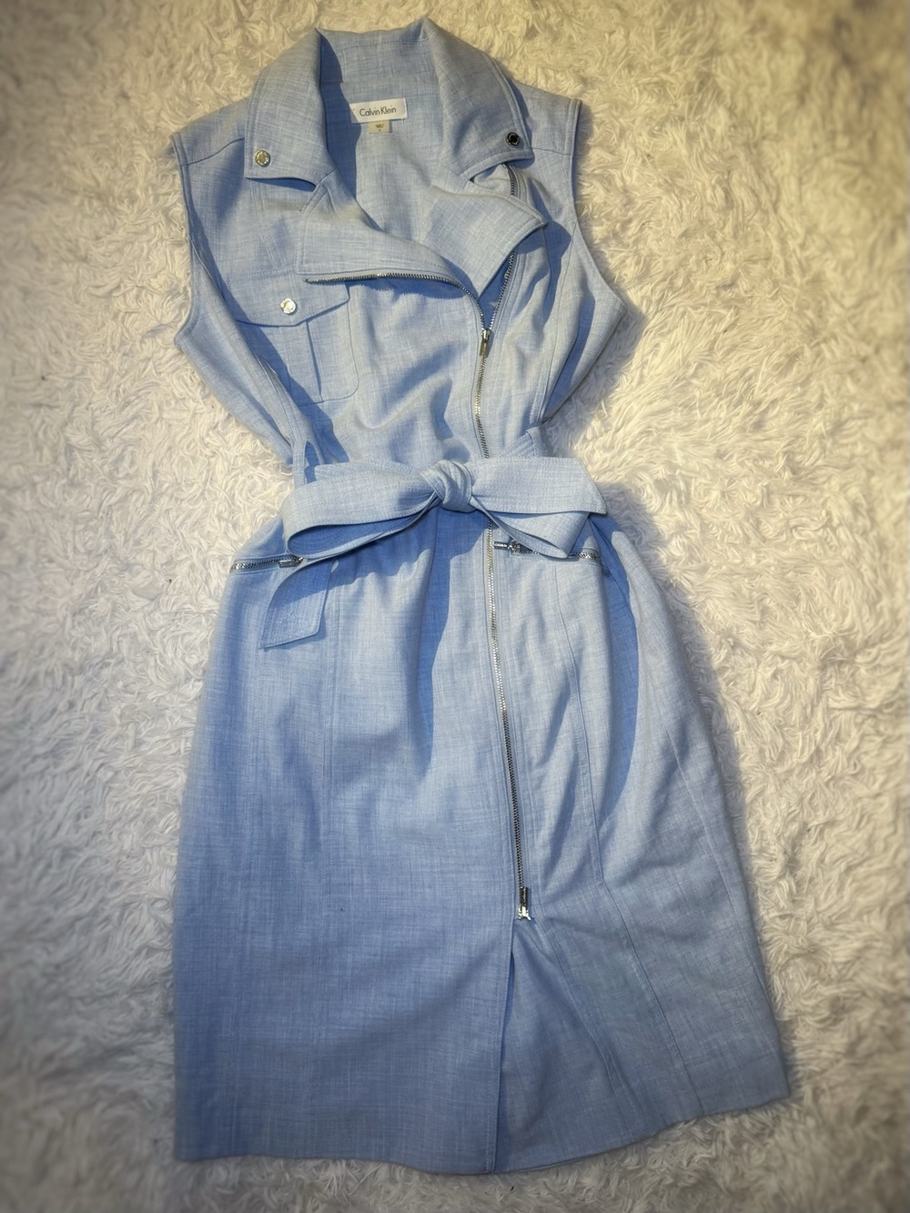 Calvin Klein Light Blue Sleeveless Zip-Front Belted Midi Dress